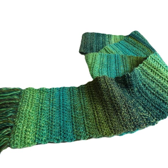 Green Scarf & Hat SET Extra Long Stripes Handmade Crochet Hand Knit Warm NWT - Picture 7 of 11